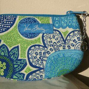 Vera Bradley Clip Zip ID Case Wallet Zip Close Blue, White & Green Floral Design